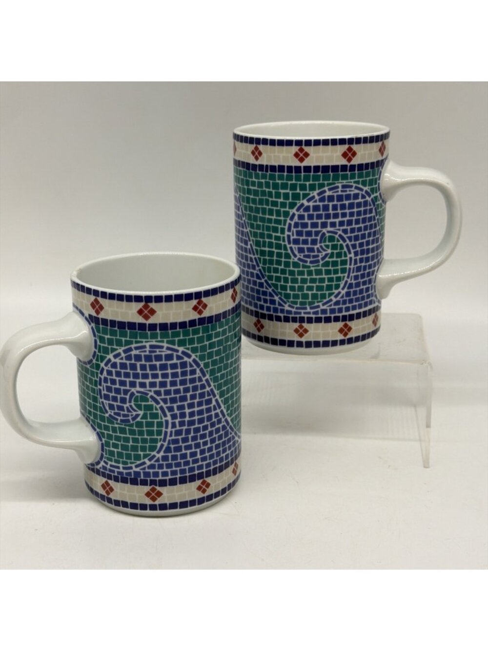 Dansk Mosaic Wave 1993-96 Portugal Coffee Mug Pair Retired Tile Blue Green SEE